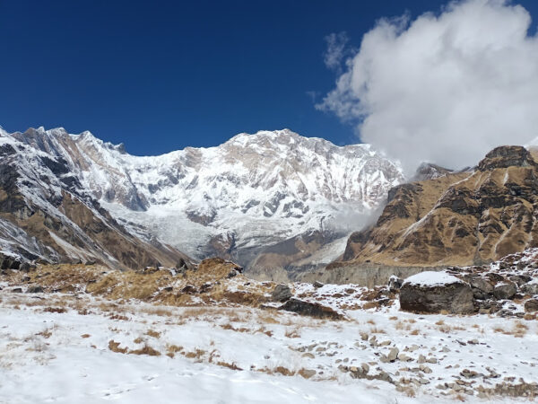 annapurna base camp and annapurna massif in background